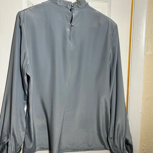 Victorian Style Sz 12Prairie Blouse Gray Lace Yoke High Neck Long Sleeve - Picture 12 of 15